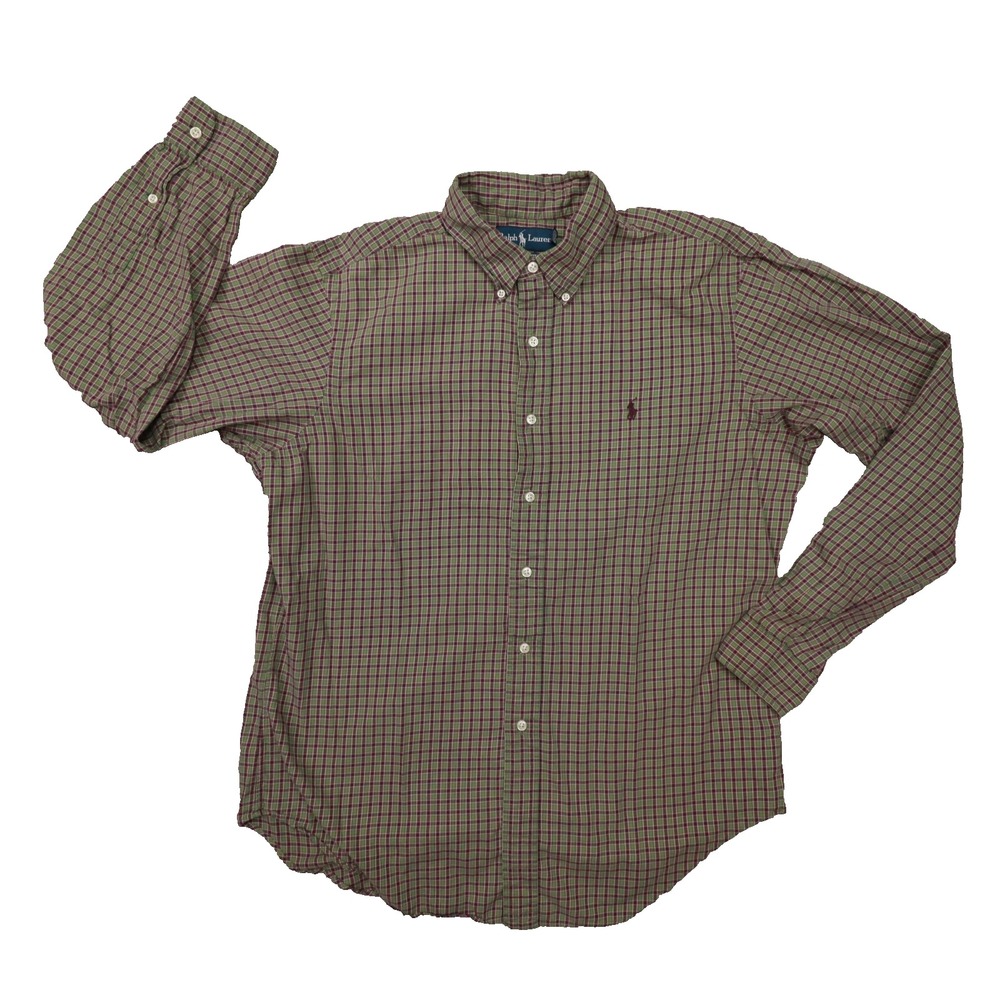 Ralph Lauren Vintage Green Brown Plaid Classic Fit Button Up Shirt size Large